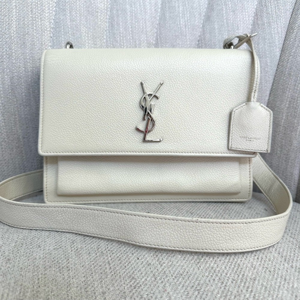 💯 SAINT LAURENT Sunset Satchel White Leather Medium with Silver Hardware w/ auth